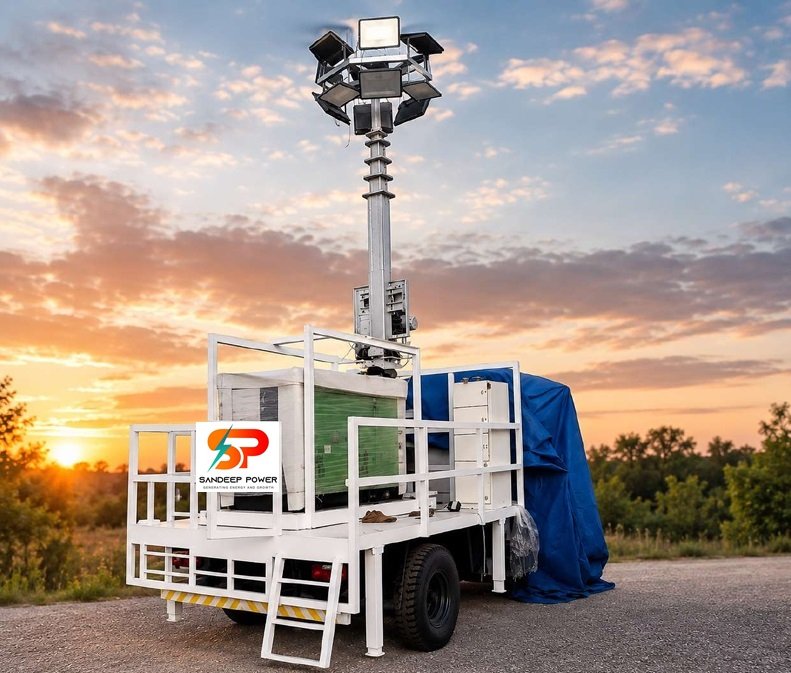 SANDEEP POWER Make:  9-12 Mtrs Hybrid Automatic Remote Operated Vehicle Mounted Telescopic Lighting Tower with 12 Nos. 400 watt LED Light, Control Panel & DG Set